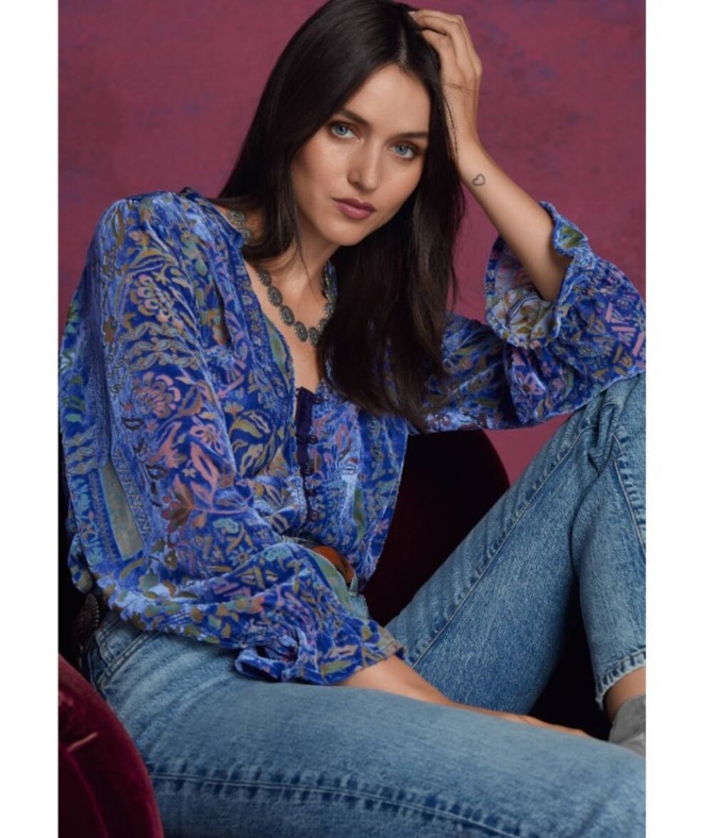 NEW JOHNNY WAS Joasie Burnout Silk Blouse Persephone $328, Bohemian, Size M